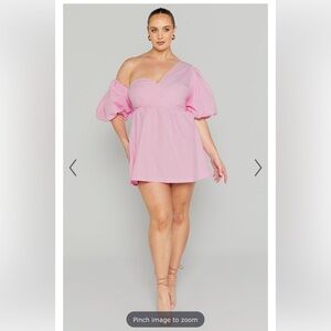 SHOWPO. SULA MINI DRESS - ASYMMETRIC OFF ONE SHOULDER PUFF SLEEVE DRESS IN PINK